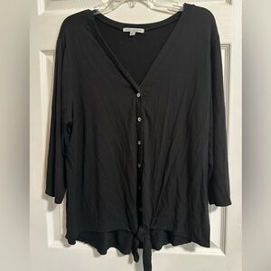Green Envelope Blouse Women 1X V Neck Tie Front Button Up Top Black 3/4 sleeve
